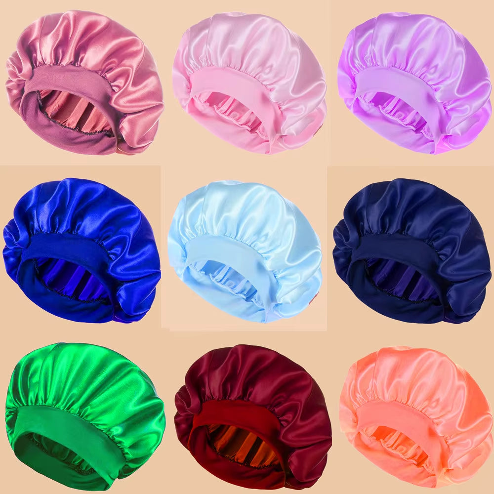 1Pc Women'S Solid Color Satin Wide-Brimmed Shower Cap, Suitable for Daily Use Silk Bonnet Satin Bonnet